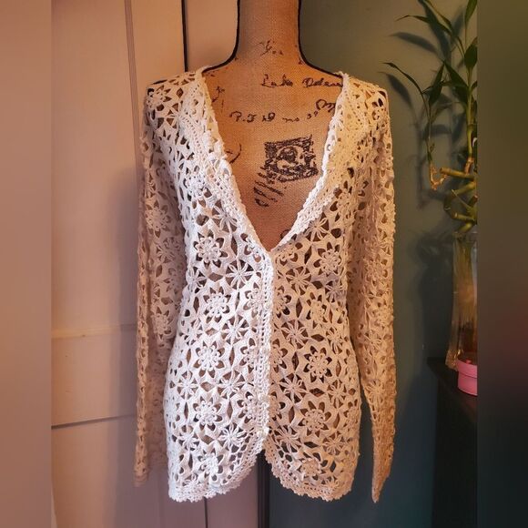 Plus Size! NWOT Open Crochet Lace Cardigan with Pearl Details - Picture 2 of 9
